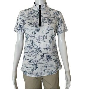 SanSoleil White Blue Tropical Print Short Sleeve Mock Neck Top Zip Size Small